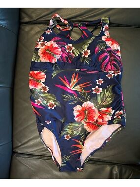 Kona Sol Navy One-Piece Swimsuit with Pink and Coral Floral Print